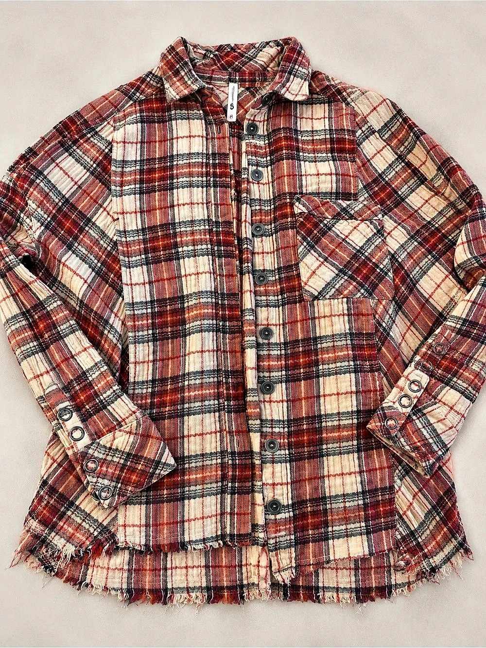 Free People Plaid Fringe Jacket in Red & Cream Size XS
